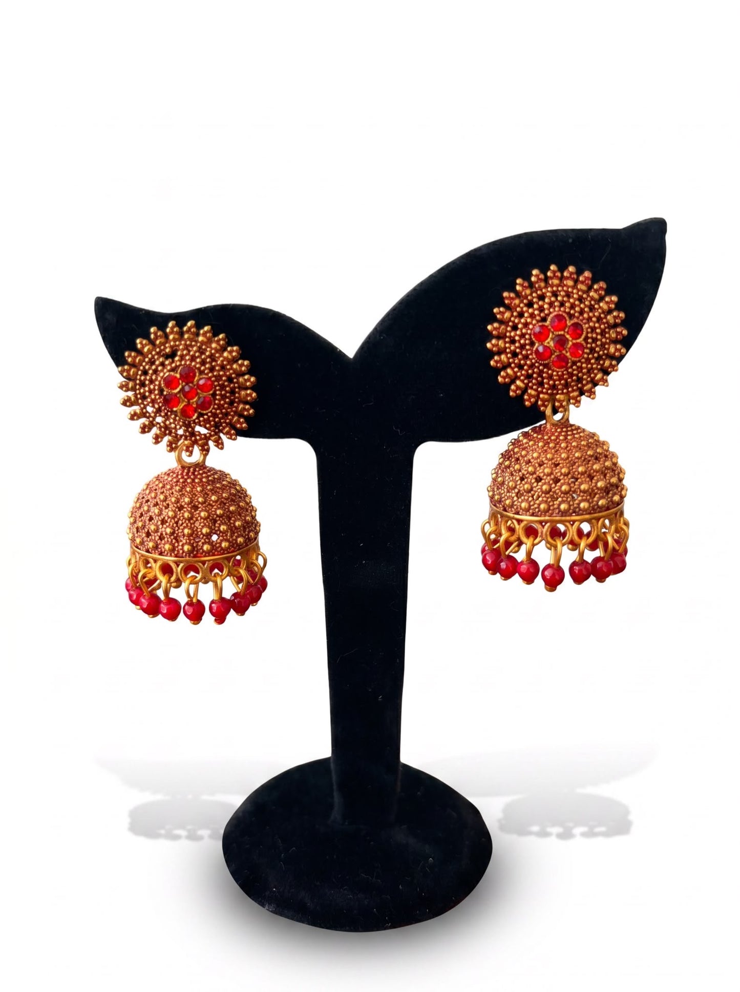 Antique Gold Garnet Red Jhumka Earrings