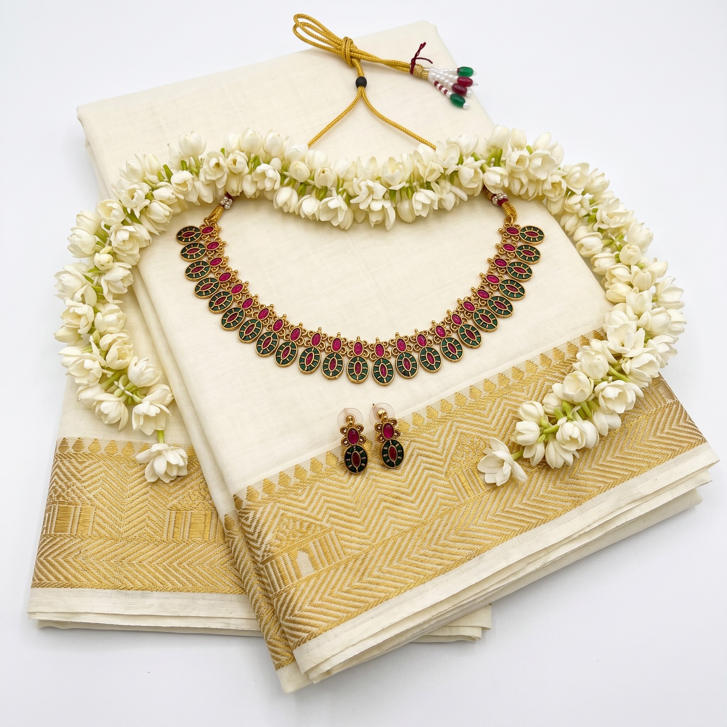 Emerald & Maroon Oval Stone Necklace Set with Earrings