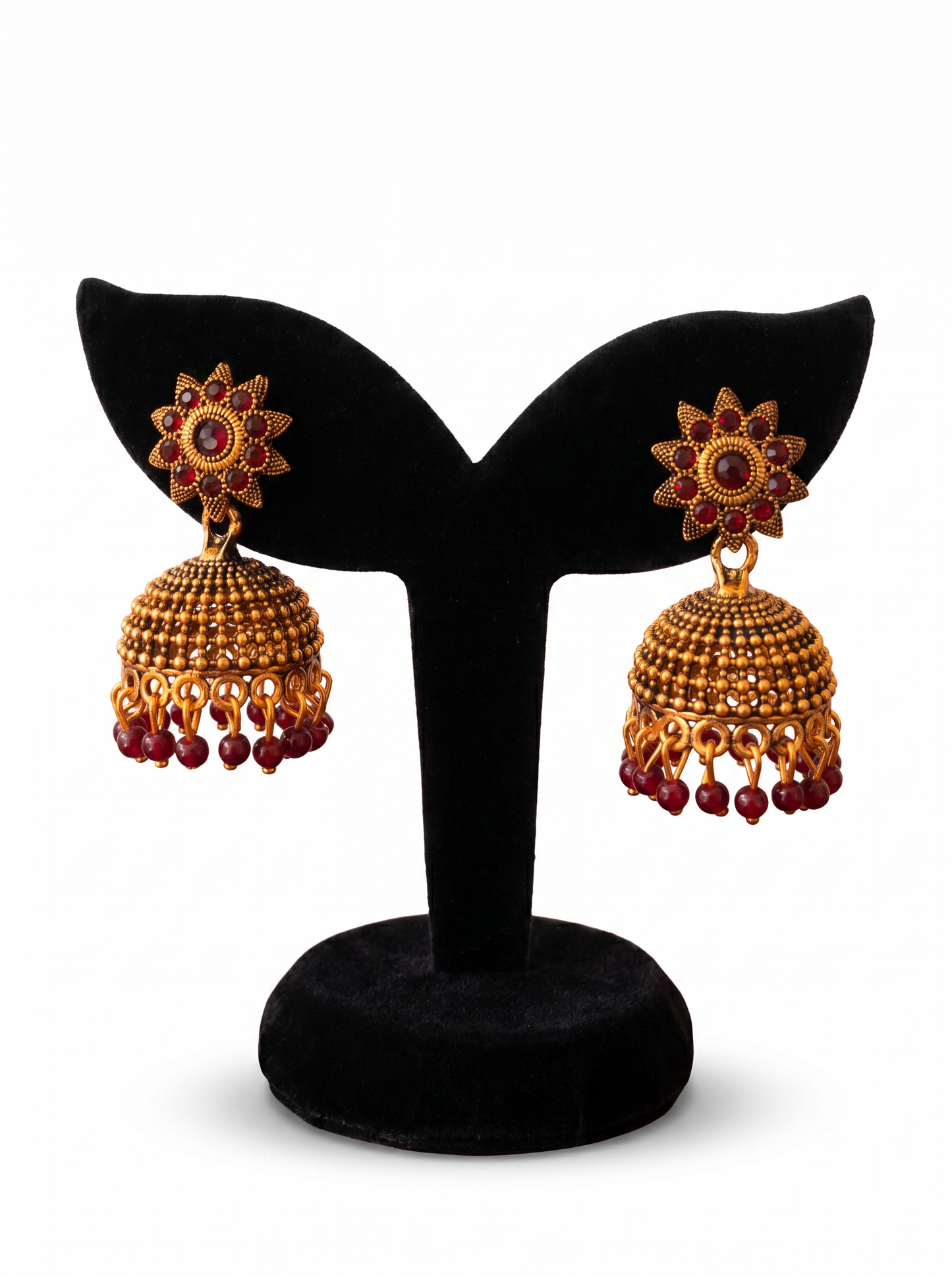 Antique Gold Maroon Beaded Jhumka Earrings
