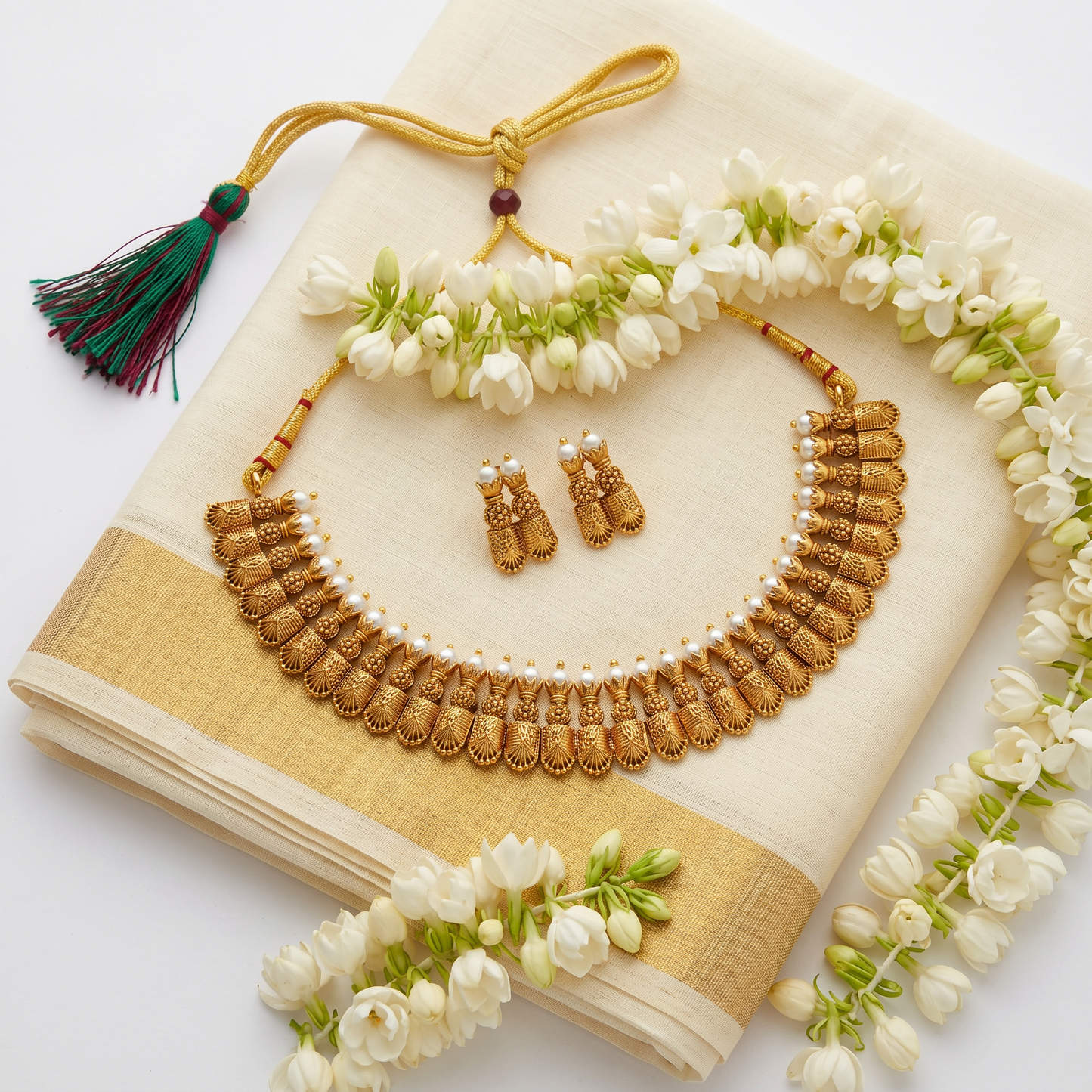 Antique Gold Temple Necklace Set with Pearl Accents
