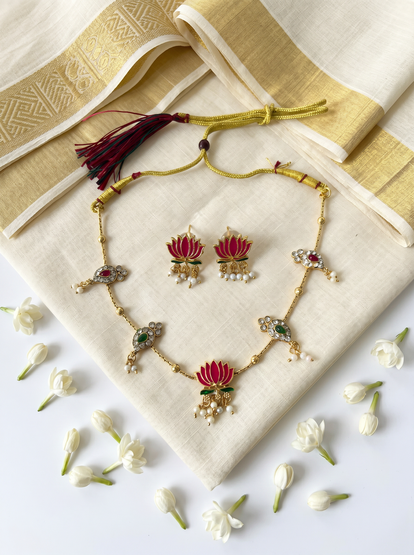 Lotus Kundan Peacock Necklace Set - Kundan stonework lotus pendant with peacock detailing antique gold jewellery by Liora By Leony