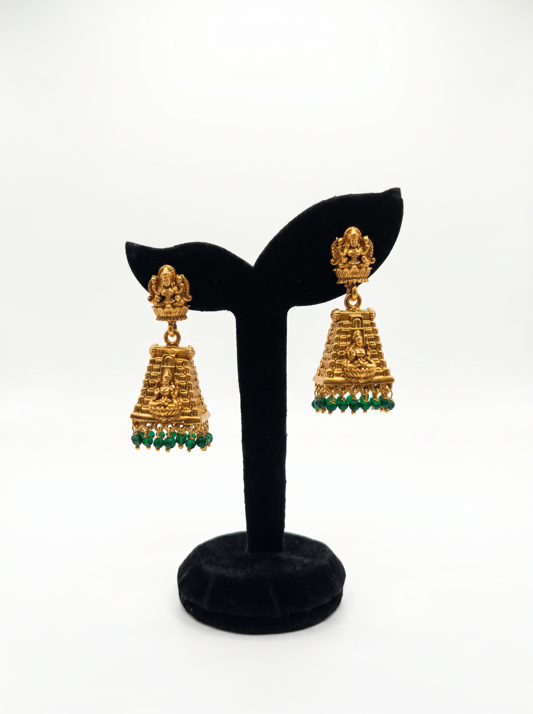 Gopuram Jhumka with Green Pearl Drops