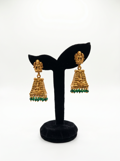 Gopuram Jhumka with Green Pearl Drops