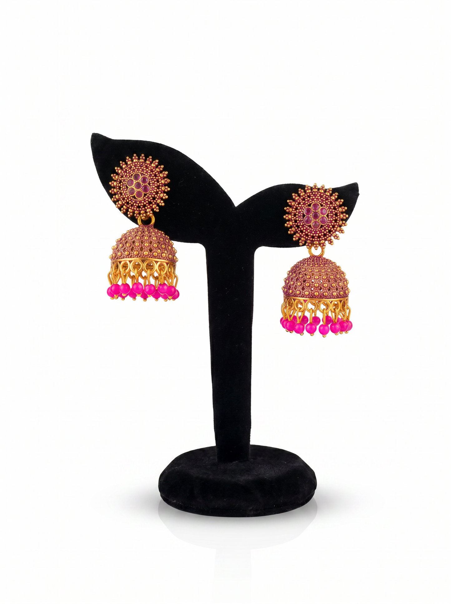 Antique Gold Fuchsia Pink Jhumka Earrings