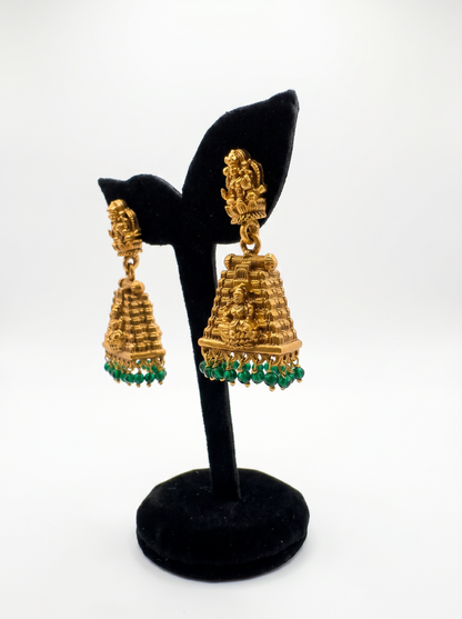 Gopuram Jhumka with Green Pearl Drops
