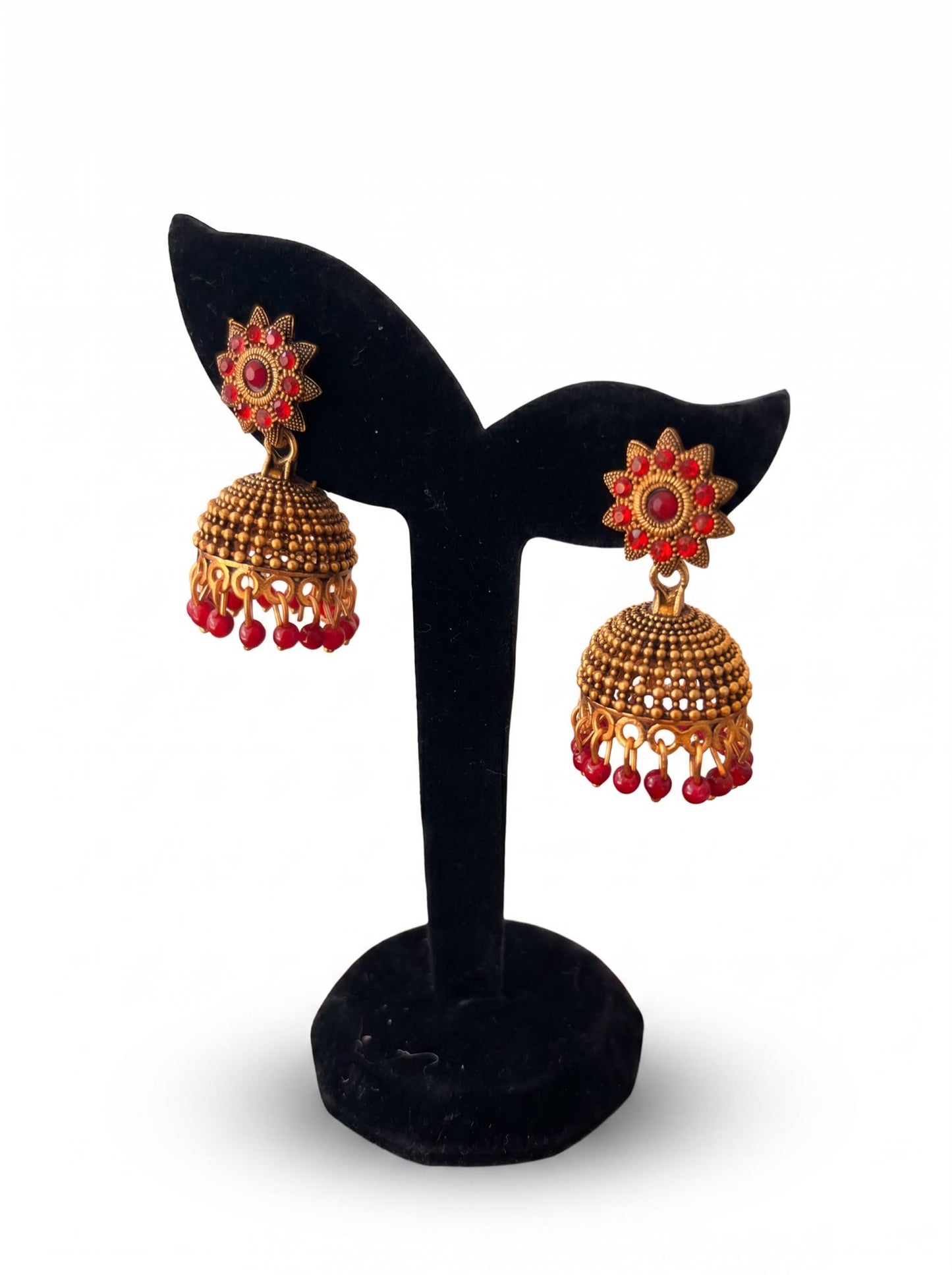 Antique Gold Red Stone Jhumka Earrings