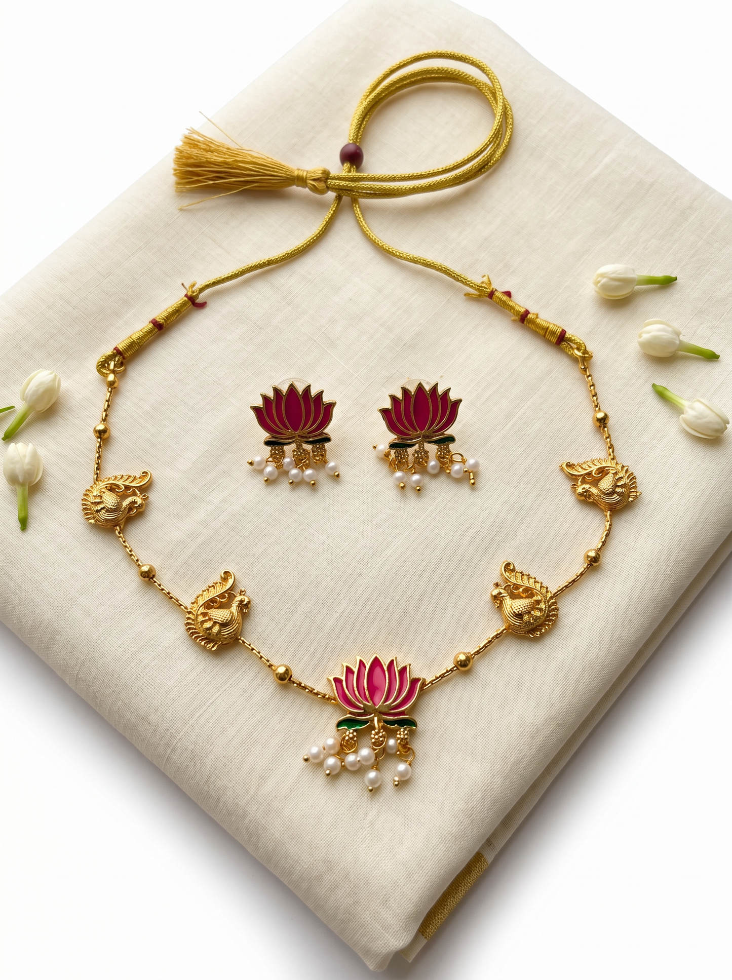 Lotus Peacock Antique Necklace Set - South Indian antique gold peacock and lotus motif jewellery by Liora By Leony