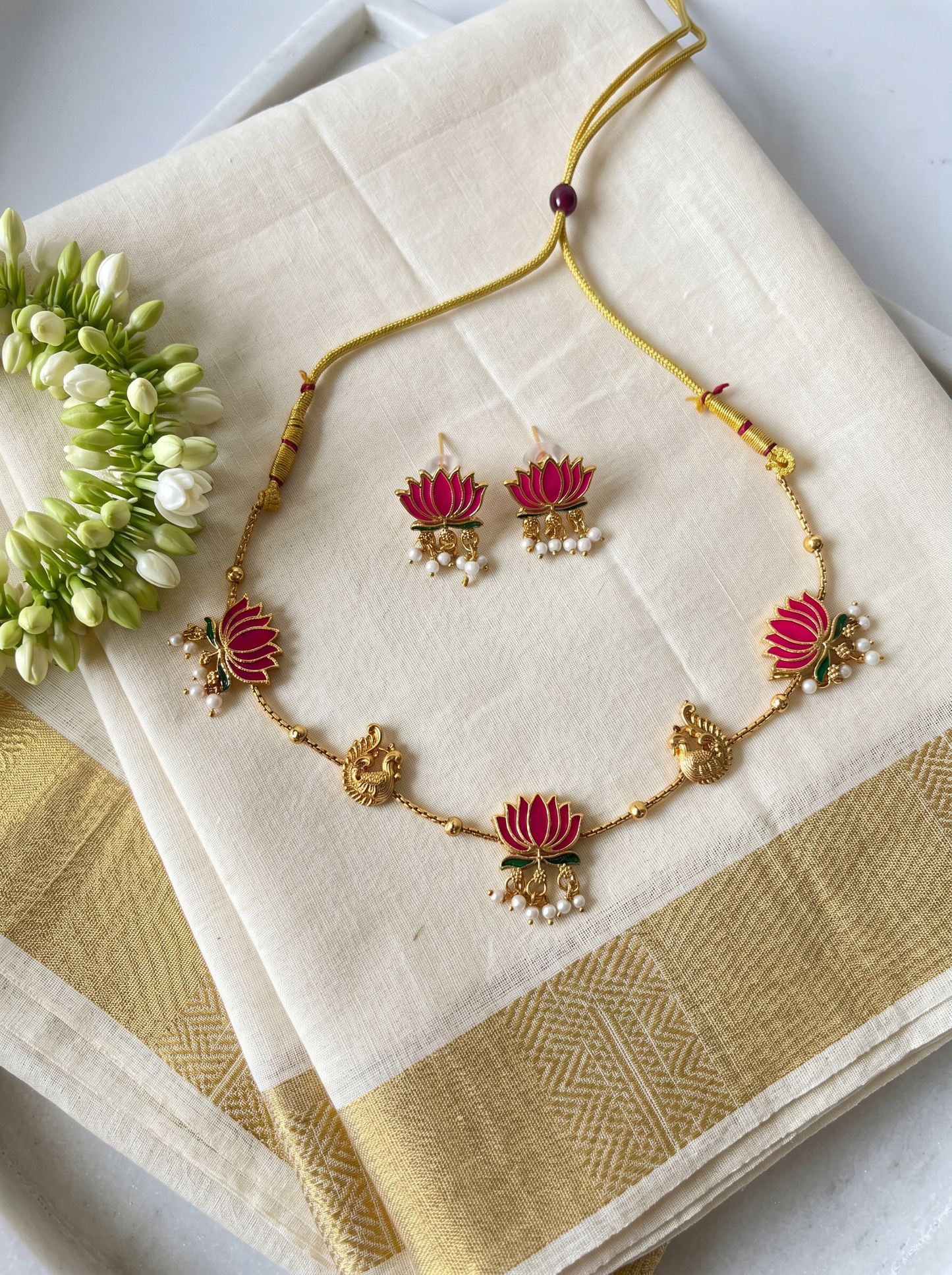 Padma Mayura Choker Set - Pink lotus motif antique gold necklace with earrings by Liora By Leony