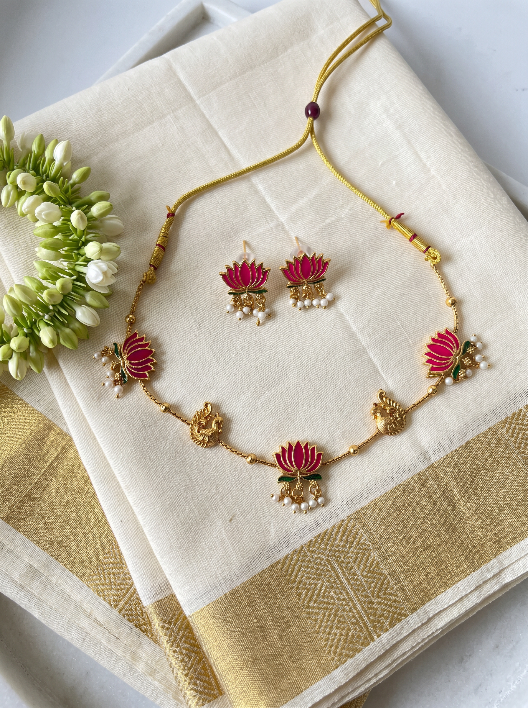 Padma Mayura Choker Set - Pink lotus motif antique gold necklace with earrings by Liora By Leony