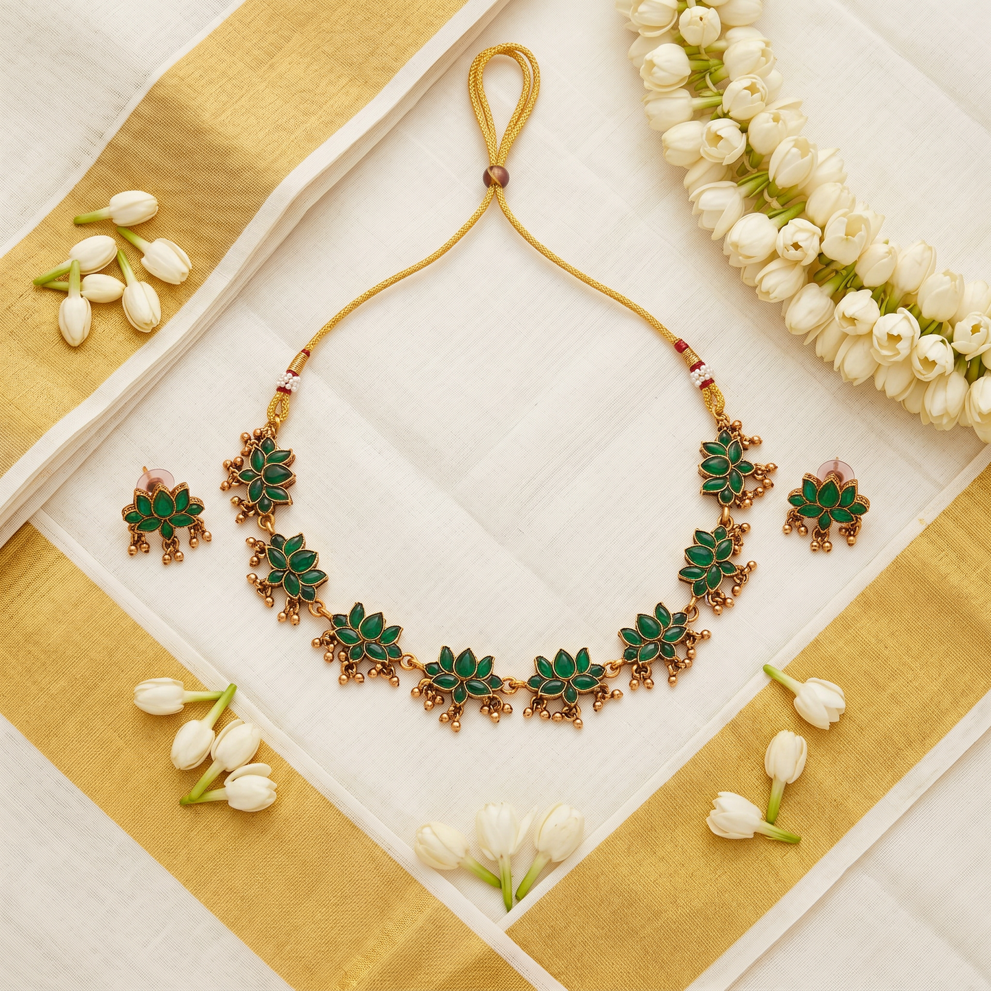 Emerald Green Lotus Flower Necklace Set with Earrings