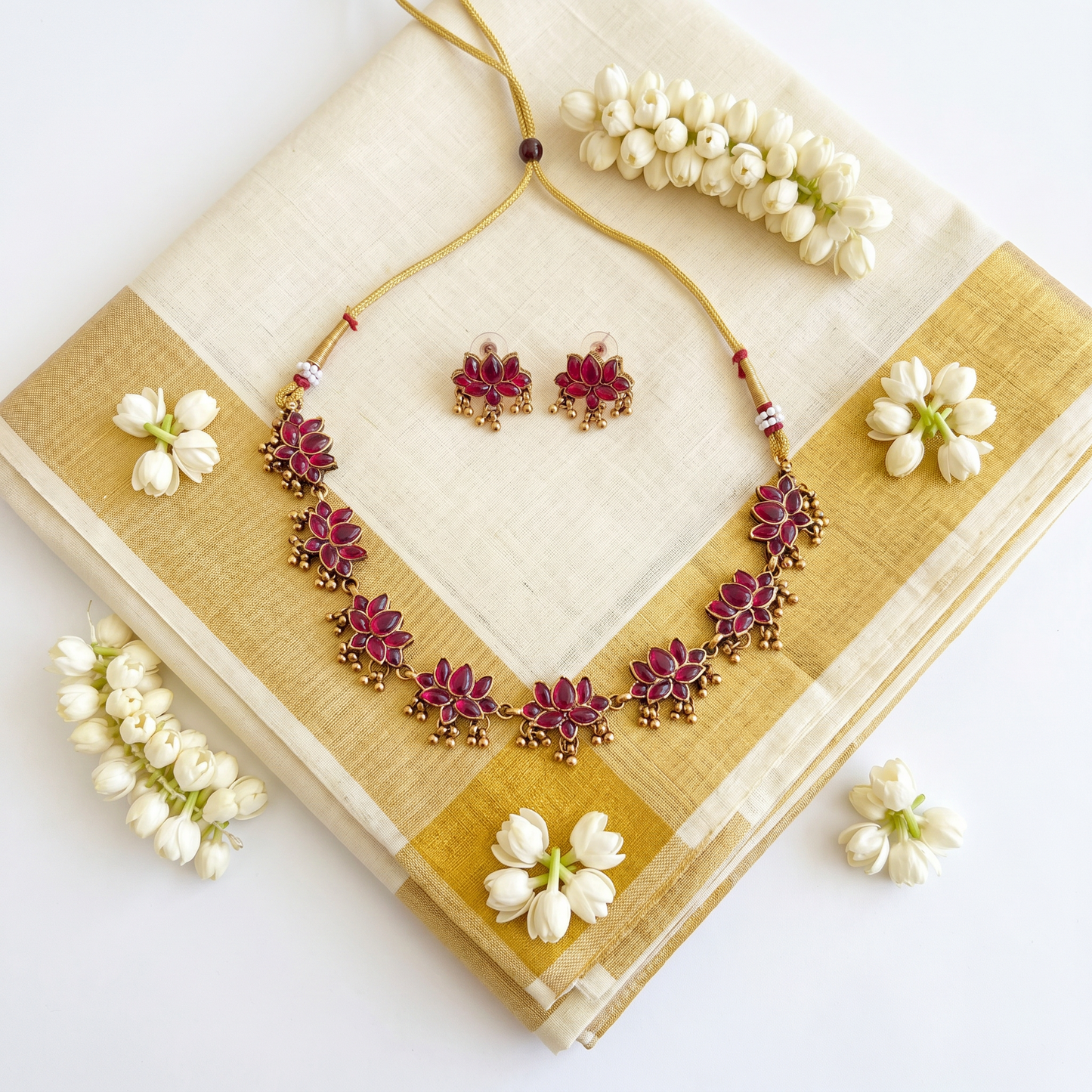 Ruby Red Lotus Necklace Set with Earrings