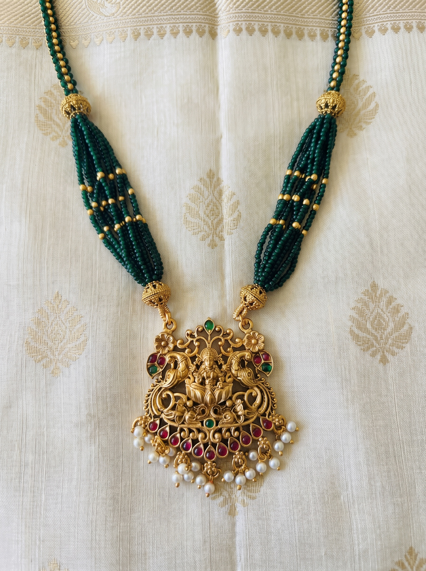 Sri Lakshmi  Emerald Pearl Temple Necklace Set