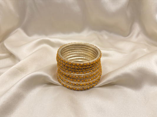 Lakh Brass Bangle Set of 8 – Yellow Floral Kundan Bangles for Haldi & Festive Wear