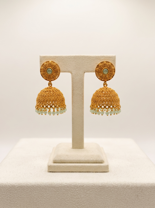 Gold Jhumka Earrings with Mint Beads