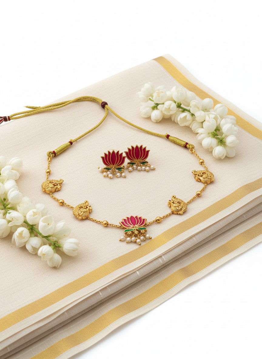 Liora By Leony Lotus Peacock Antique Necklace Set with pink lotus and pearl drops, gold finish.