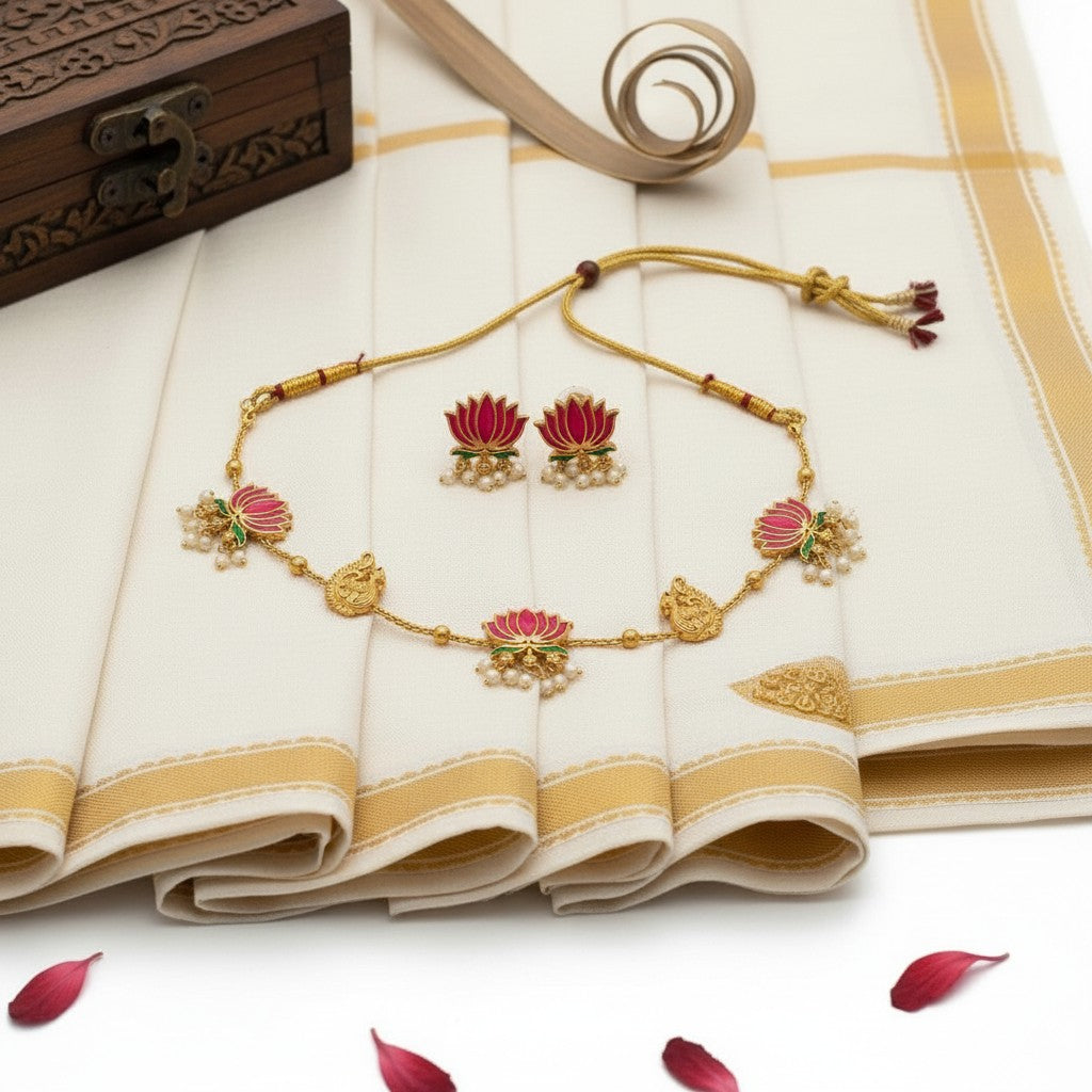Liora By Leony Padma Mayura Choker Set with pink lotus motifs, peacock accents, and pearl drops. Includes matching earrings.